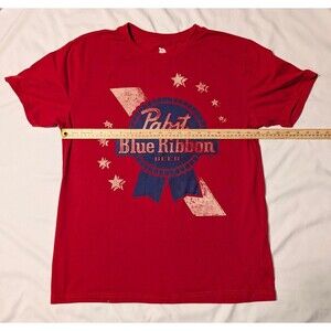 Pabst Blue Ribbon PBR Beer Americana Graphic Red T-Shirt Size Large Vintage Look